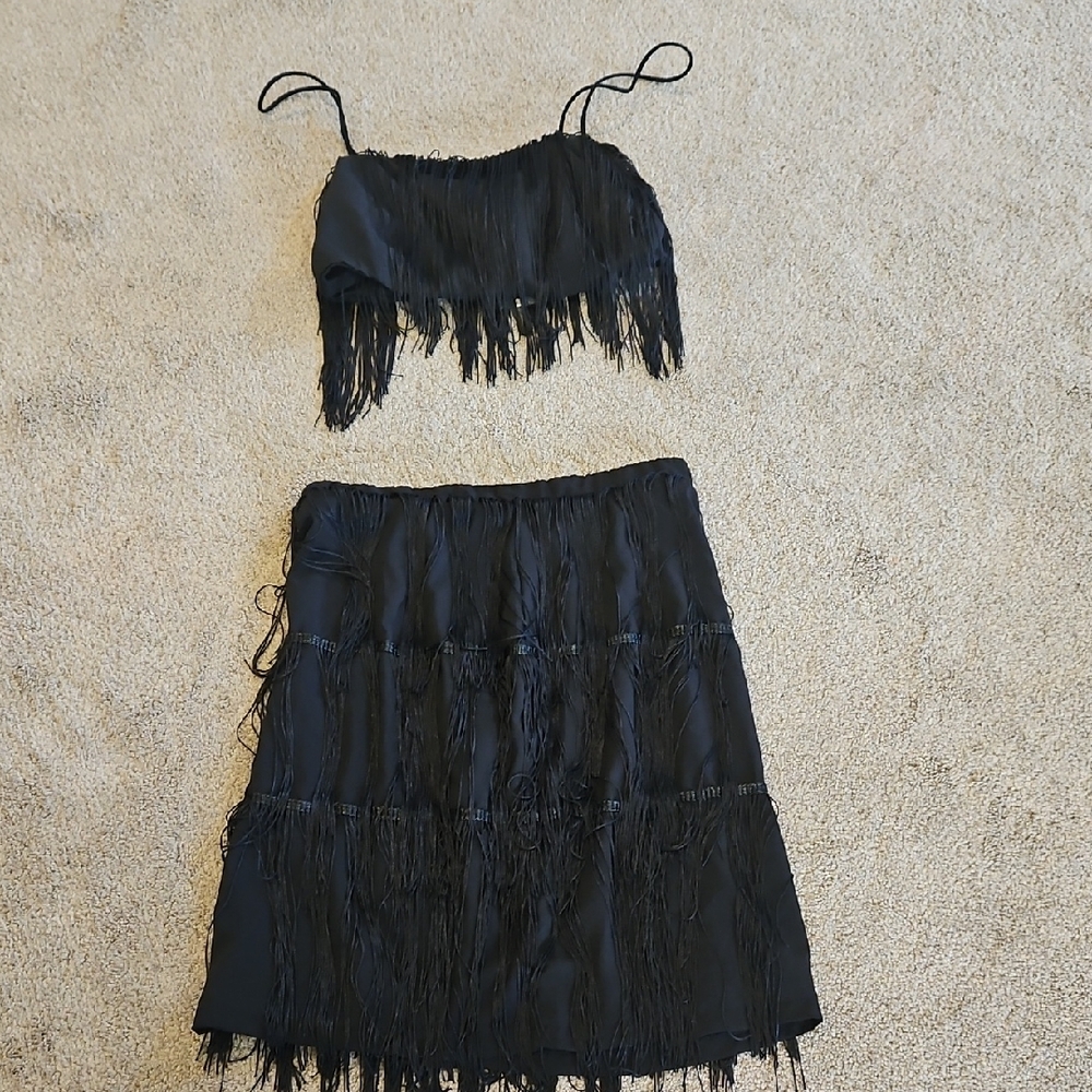 Black Fringe Crop Top and Skirt Set